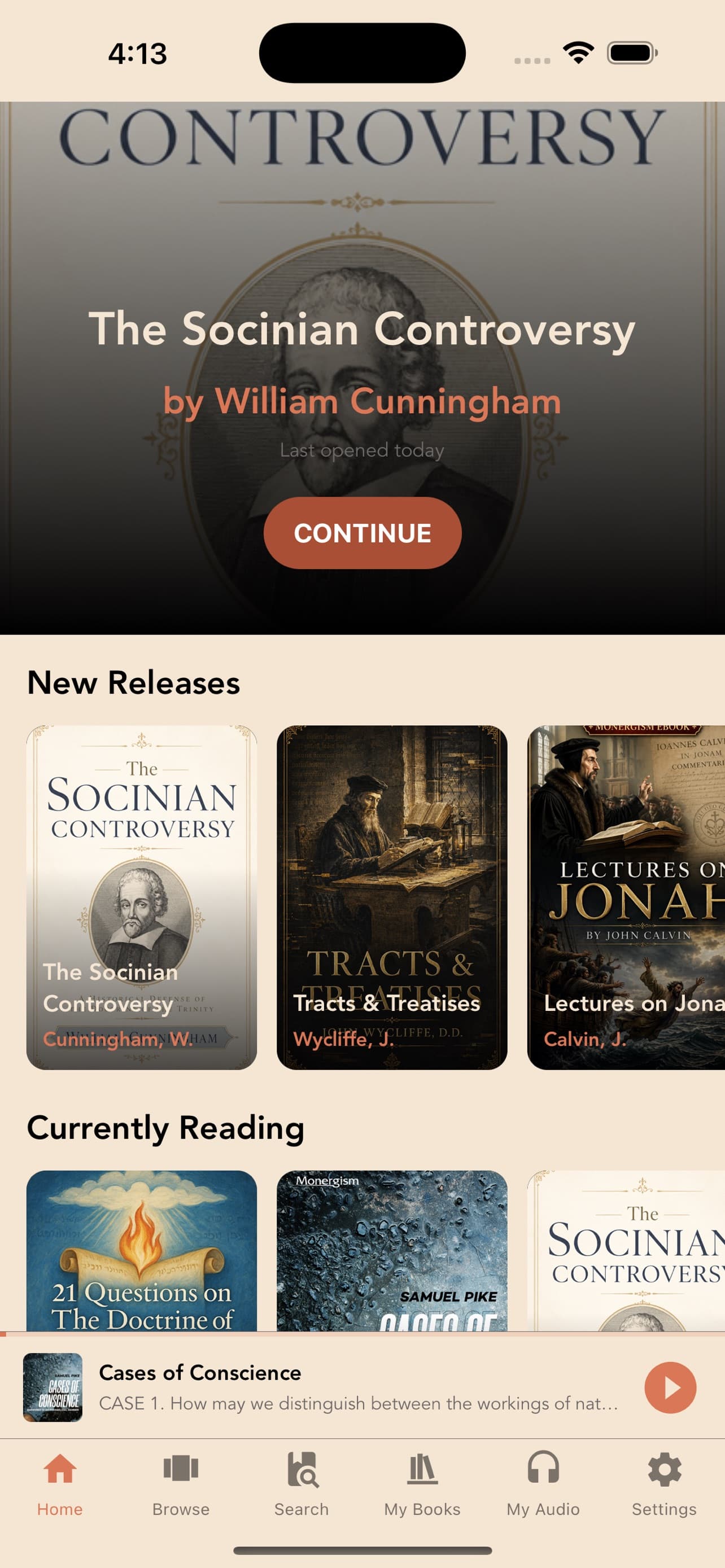 Monergism eBook Library iOS home screen showing Continue reading, New Releases, and an audio player